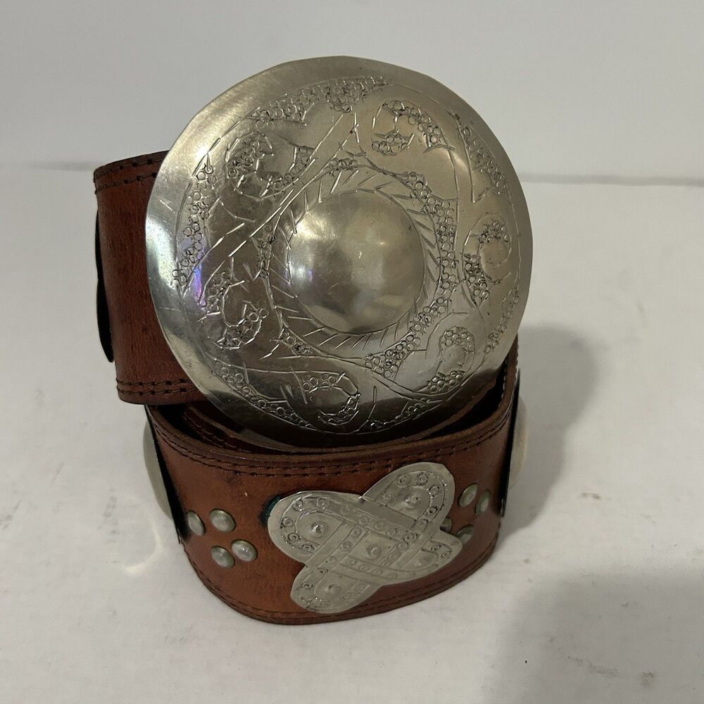 Vintage Leather Disc Belt Womens Large Brown Silver Concho Boho Western Festival